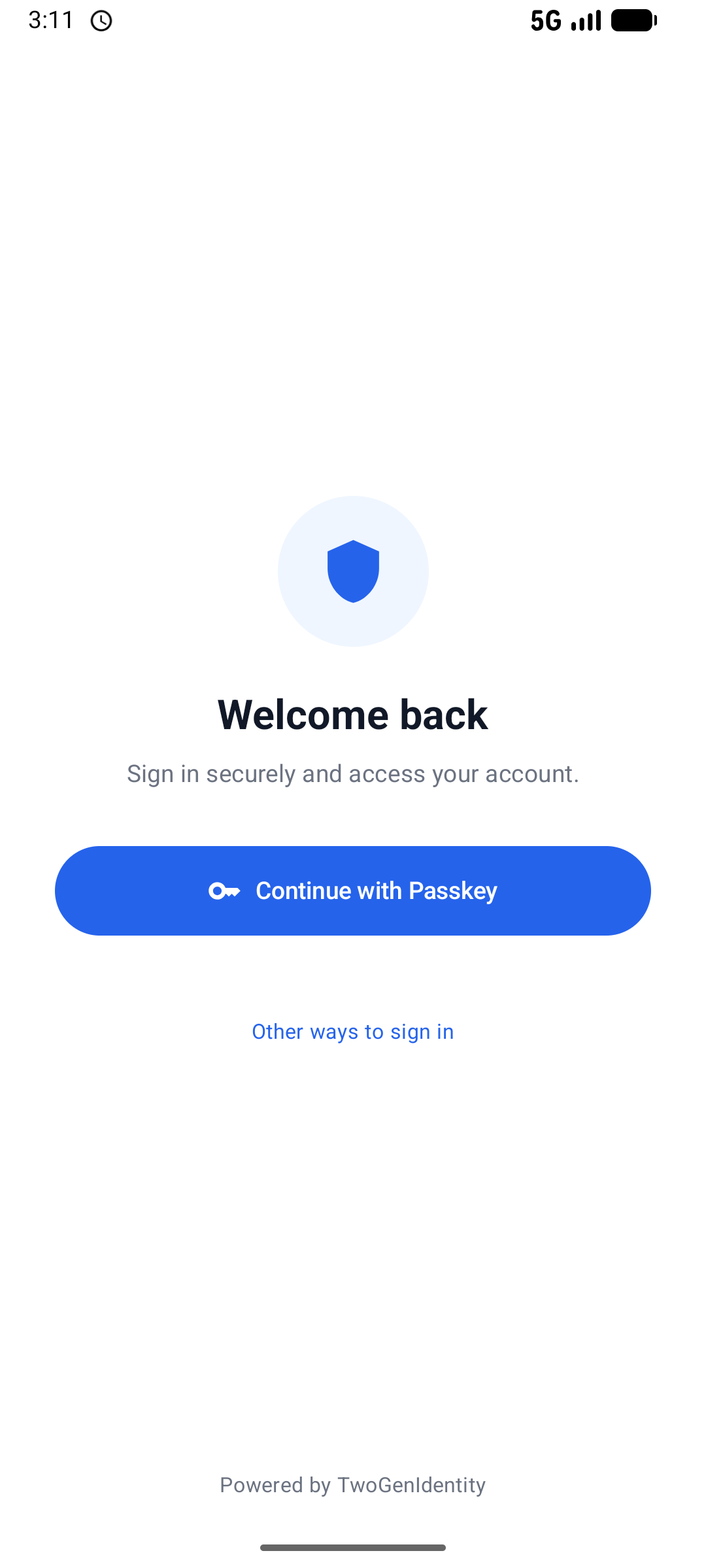 Sign-in screen with Continue with Passkey and Other ways to sign in