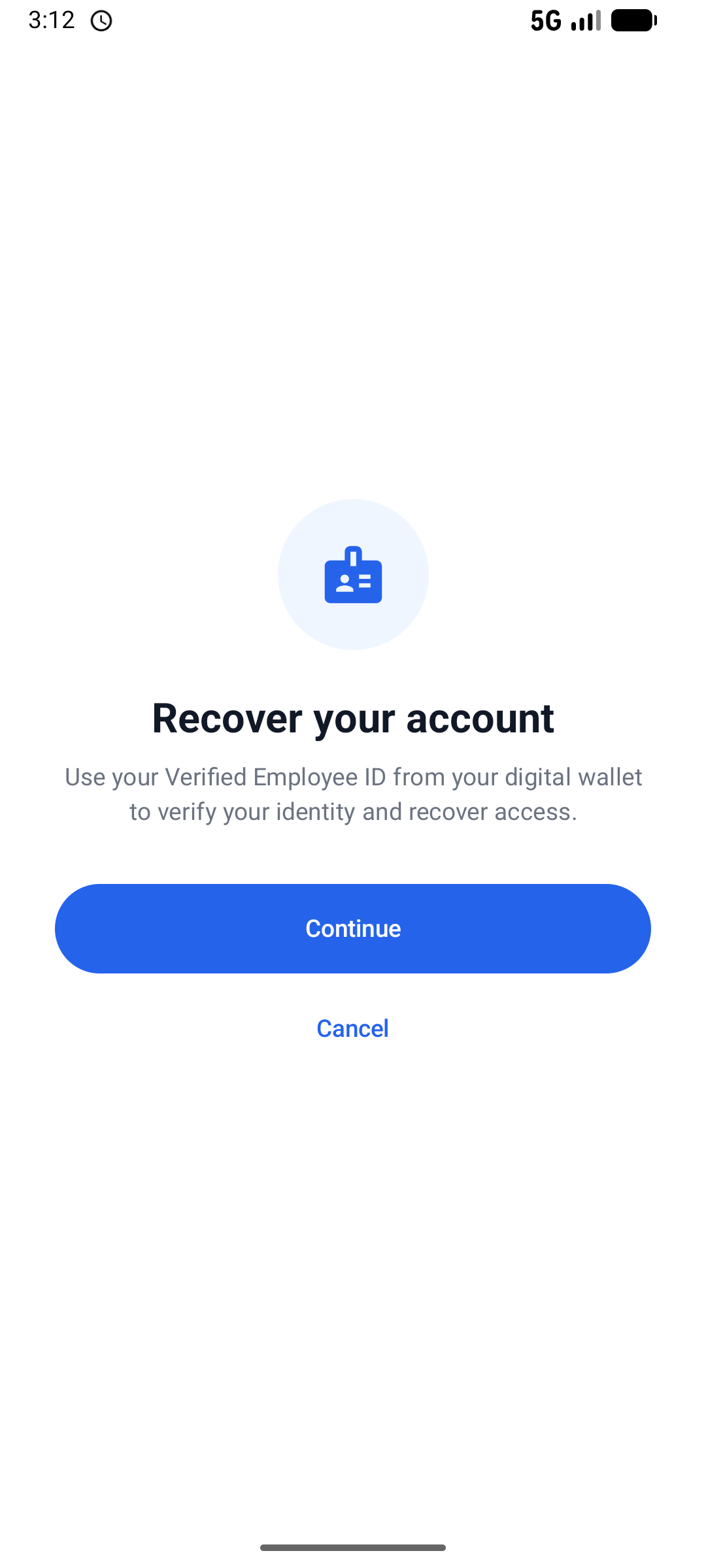 Recover your account screen explaining the Verified Employee ID flow
