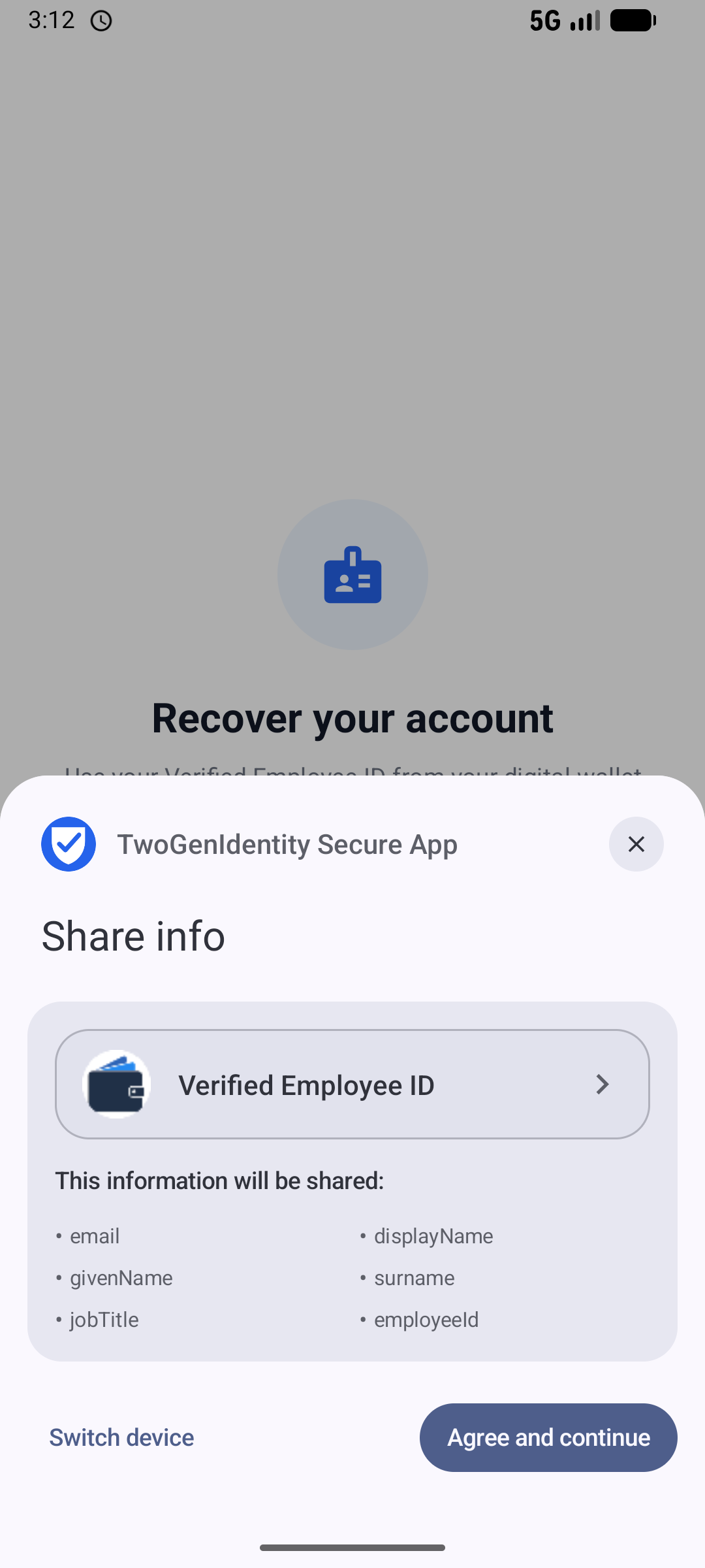 Wallet consent screen sharing the Verified Employee ID attributes