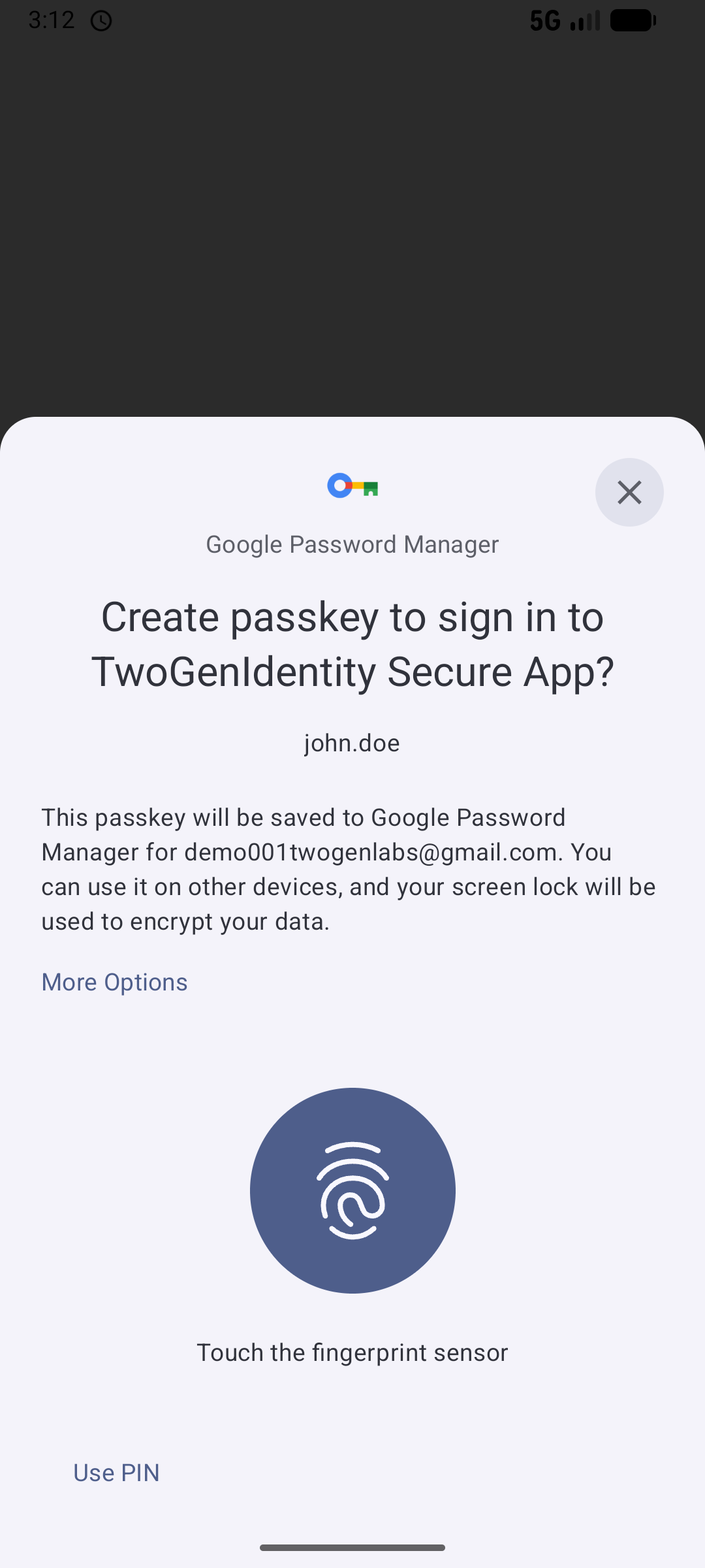 Password manager dialog creating a new passkey with biometrics