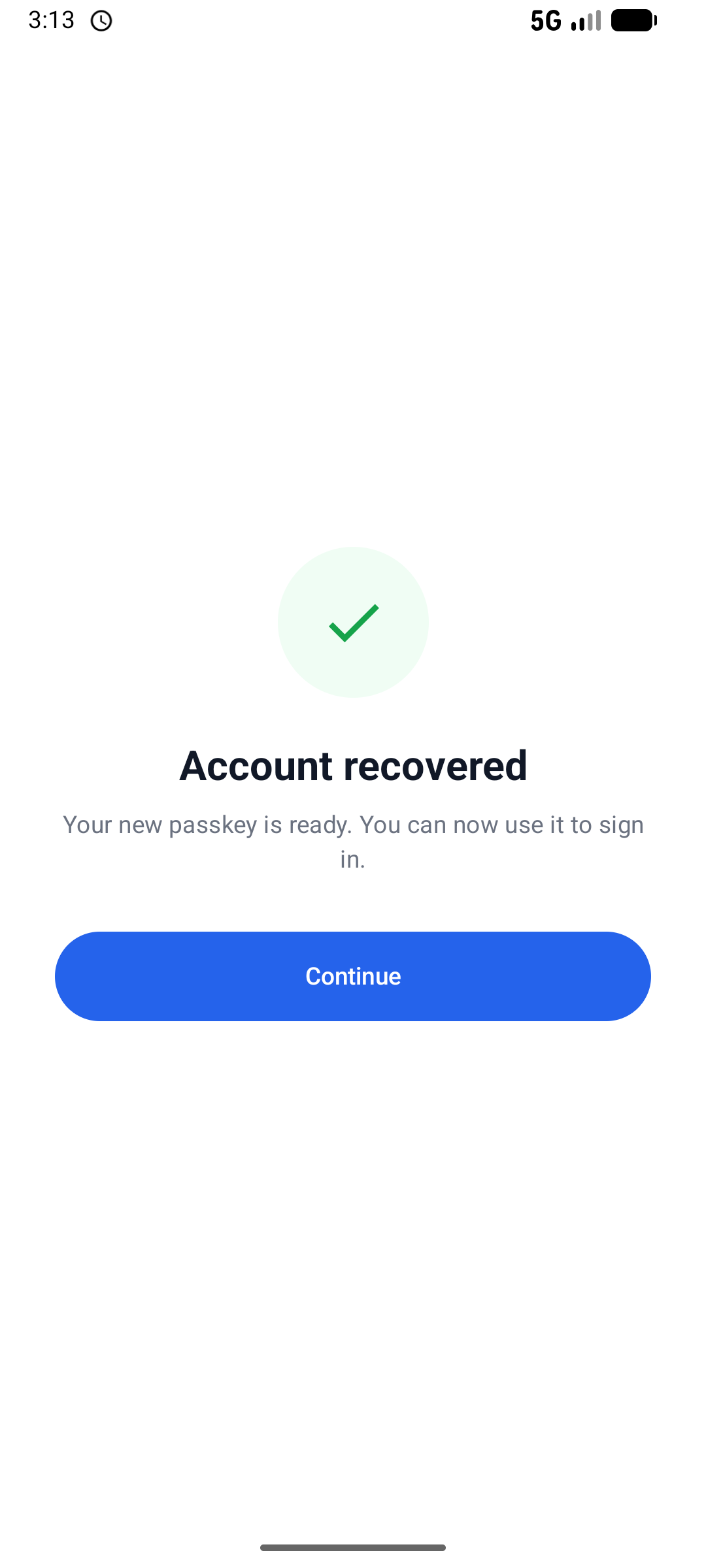Account recovered confirmation screen