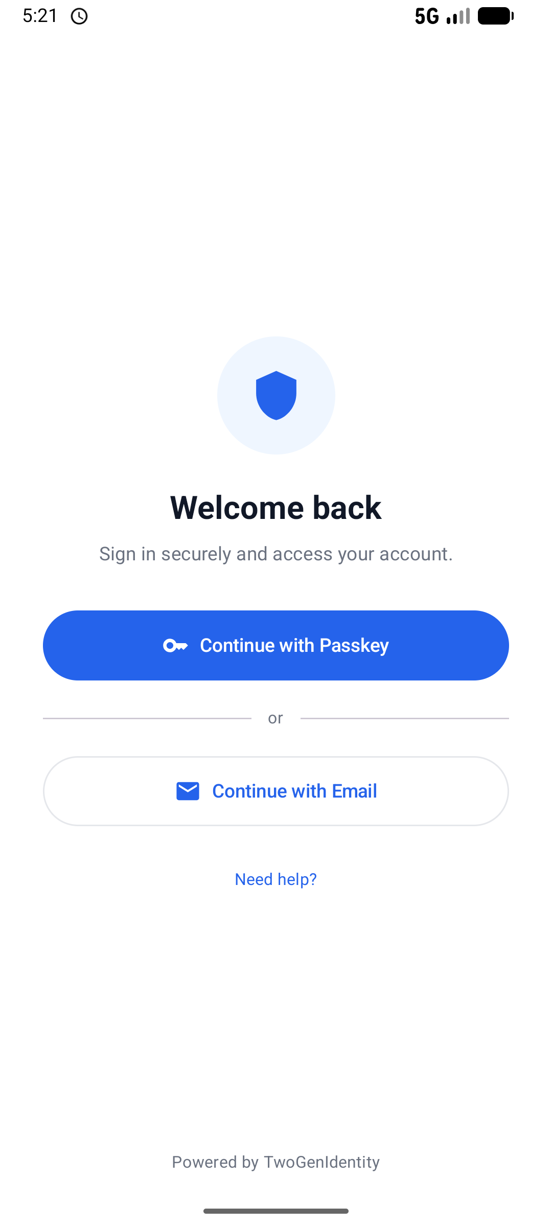 Native app sign-in screen with Continue with Passkey