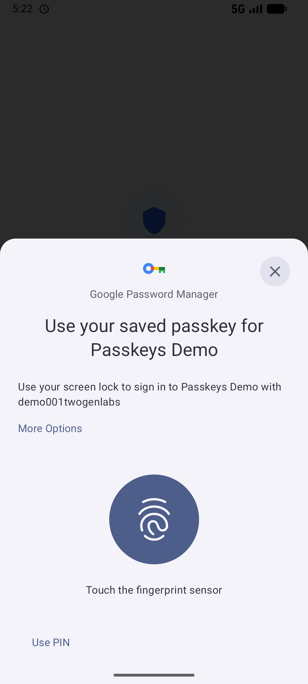 Device biometric prompt asking the user to confirm with their fingerprint