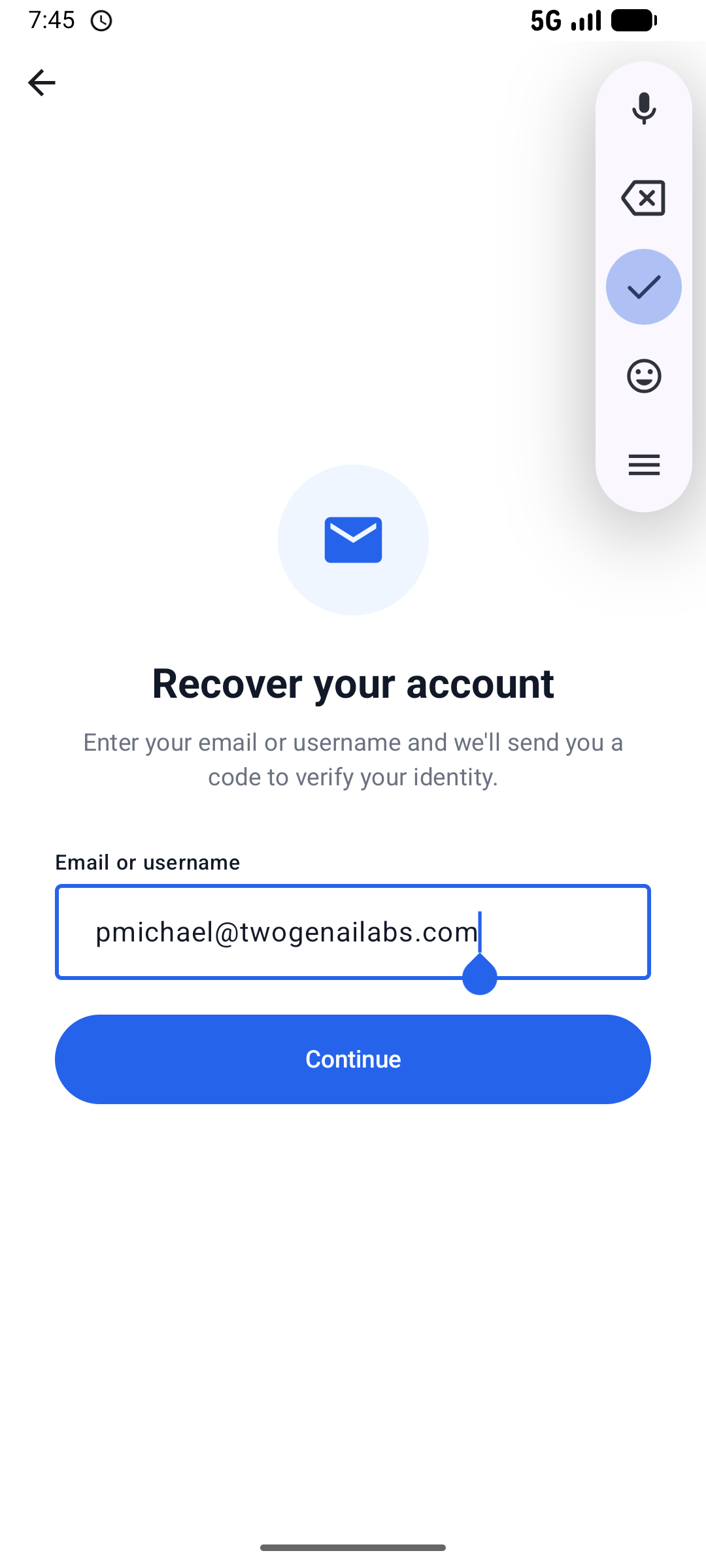 Recover your account screen asking for an email or username