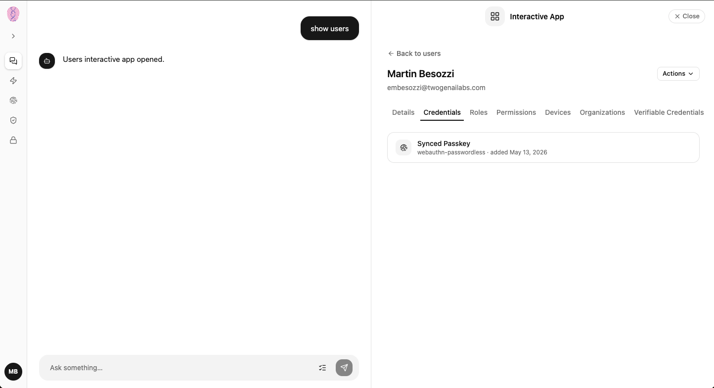 IA+ user detail view showing credentials, roles, and permissions