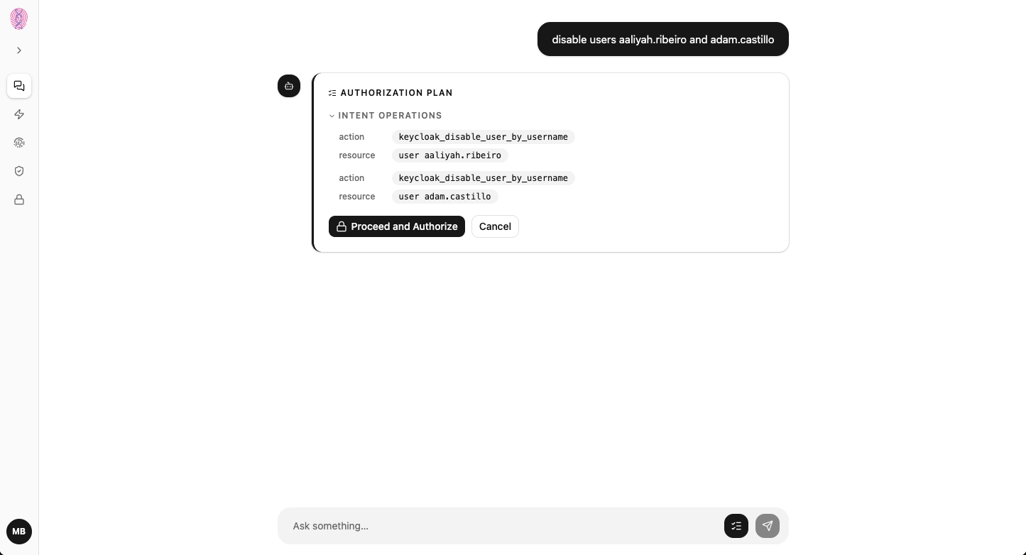 Authorization request broken down into an explicit plan of intent operations