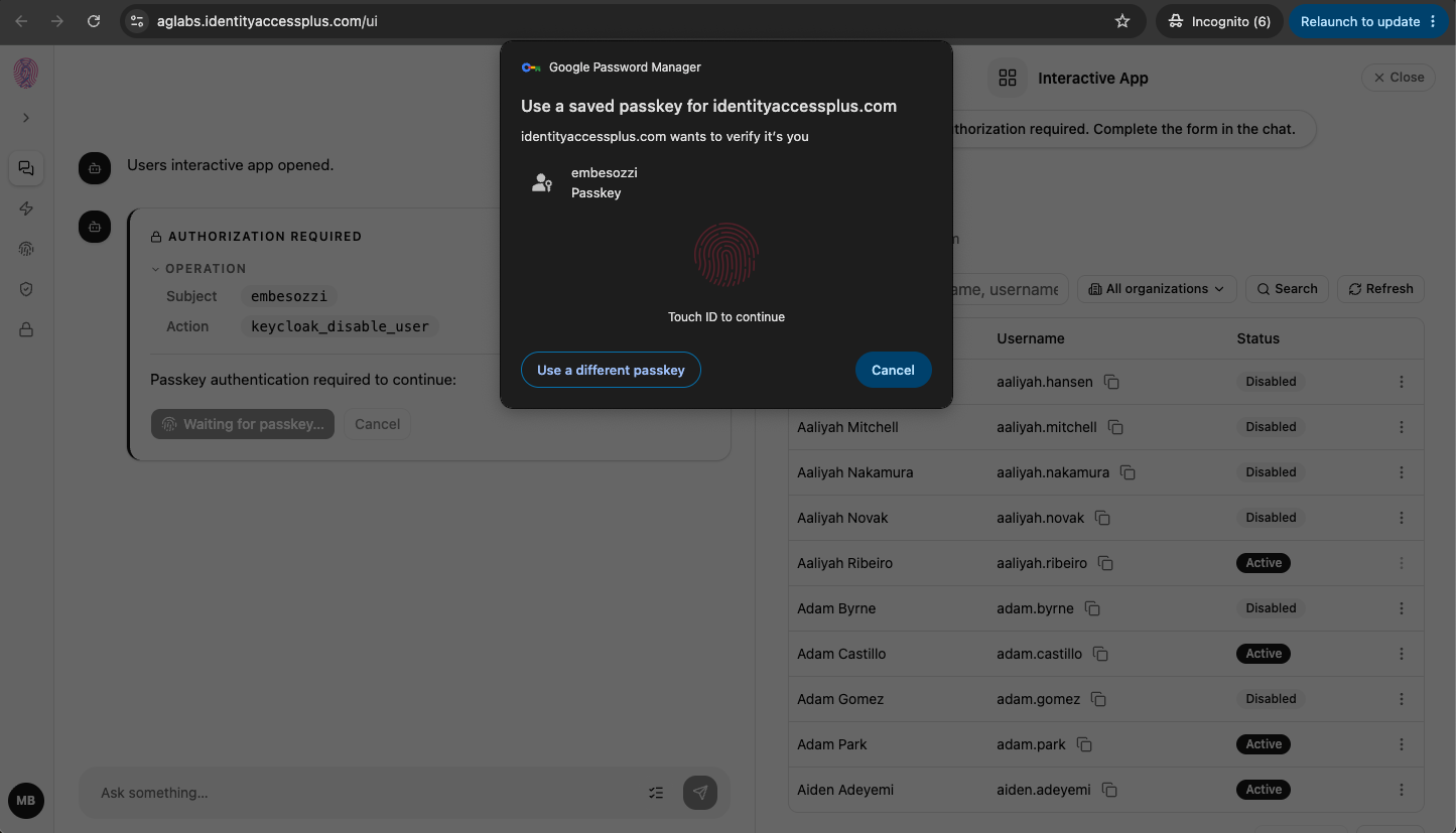 Passkey authentication challenge confirming the authorized action
