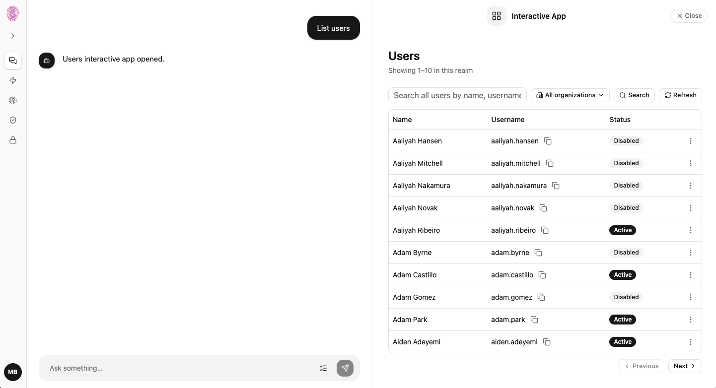 IA+ Agent listing users in an interactive MCP App