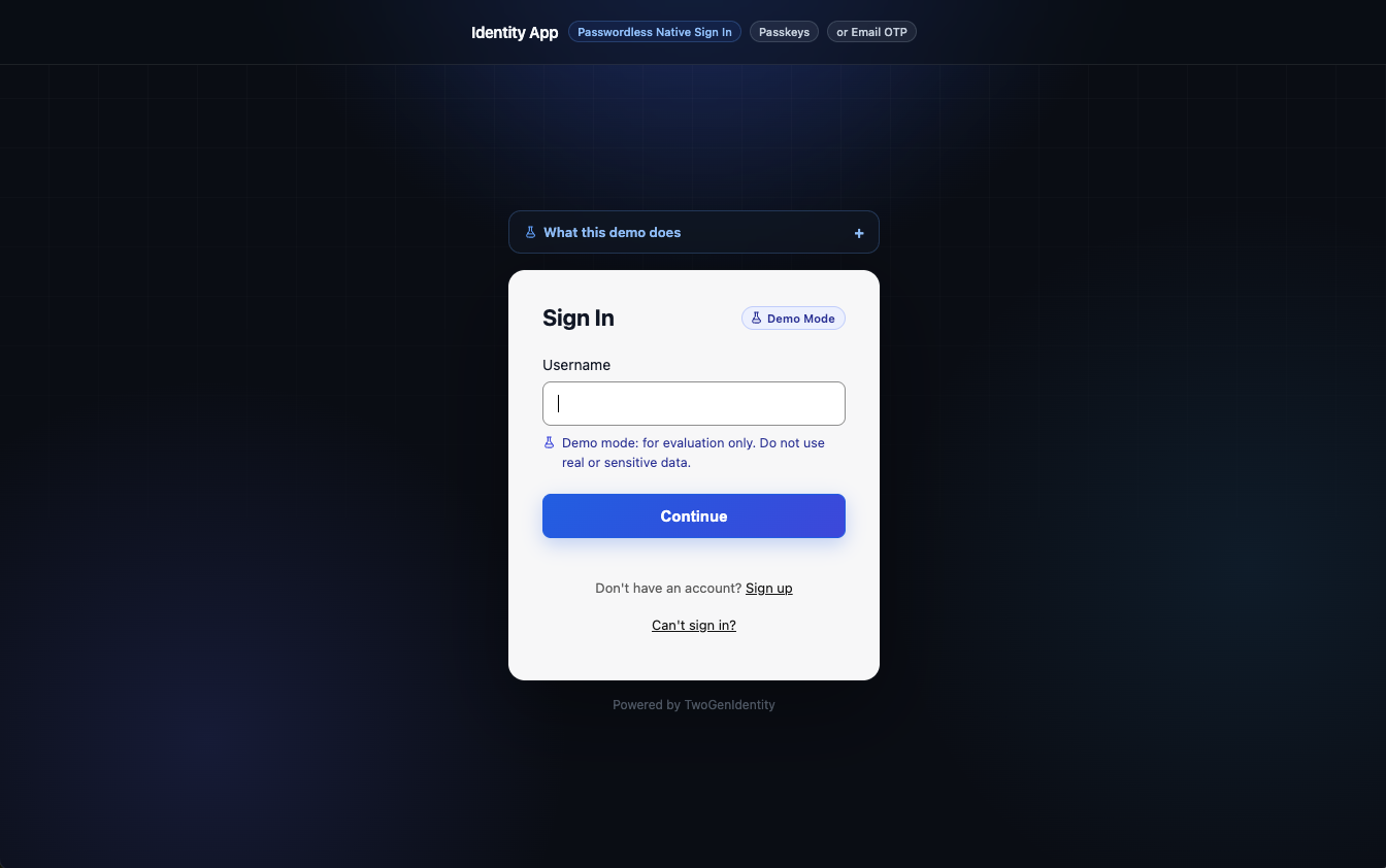 Native Authentication demo: passwordless sign-in screen with passkeys and email OTP